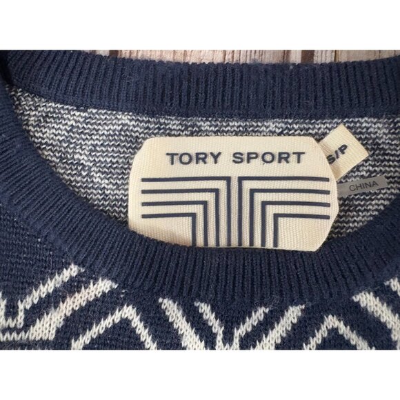 Tory Sport knit merino wool blend geometric pattern sweater sz S / P Navy White - Picture 2 of 6